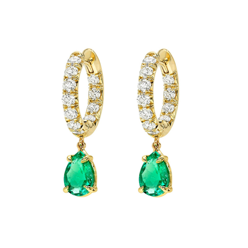 French Set Diamond Hoops with Water Drop Colombian Emeralds Yellow Gold by Logan Hollowell Jewelry