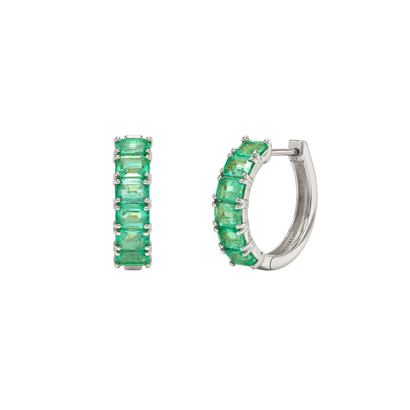 Emerald Cut Emerald Hoop Earrings White Gold by Logan Hollowell Jewelry