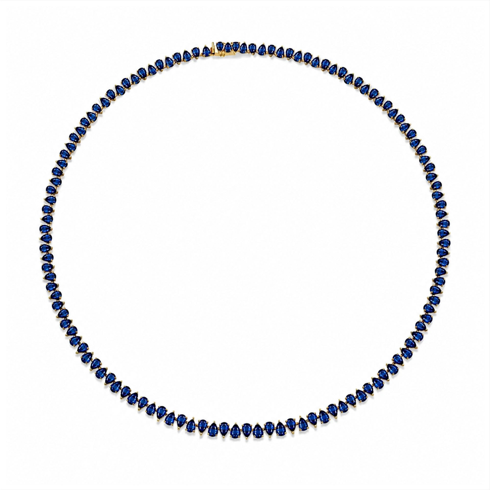 Petite Reverse Water Drop Blue Sapphire Tennis Necklace Yellow Gold by Logan Hollowell Jewelry