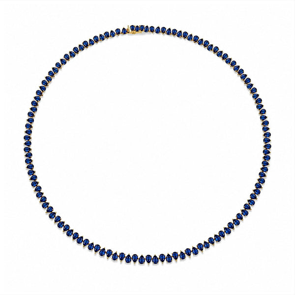 Petite Reverse Water Drop Blue Sapphire Tennis Necklace Yellow Gold by Logan Hollowell Jewelry