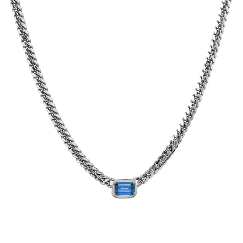Emerald Cut Blue Sapphire Cuban Choker White Gold 14" by Logan Hollowell Jewelry