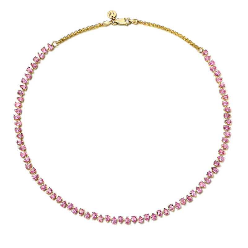 14K Petite Reverse Water Drop Pink Sapphire Tennis Necklace Yellow Gold by Logan Hollowell Jewelry