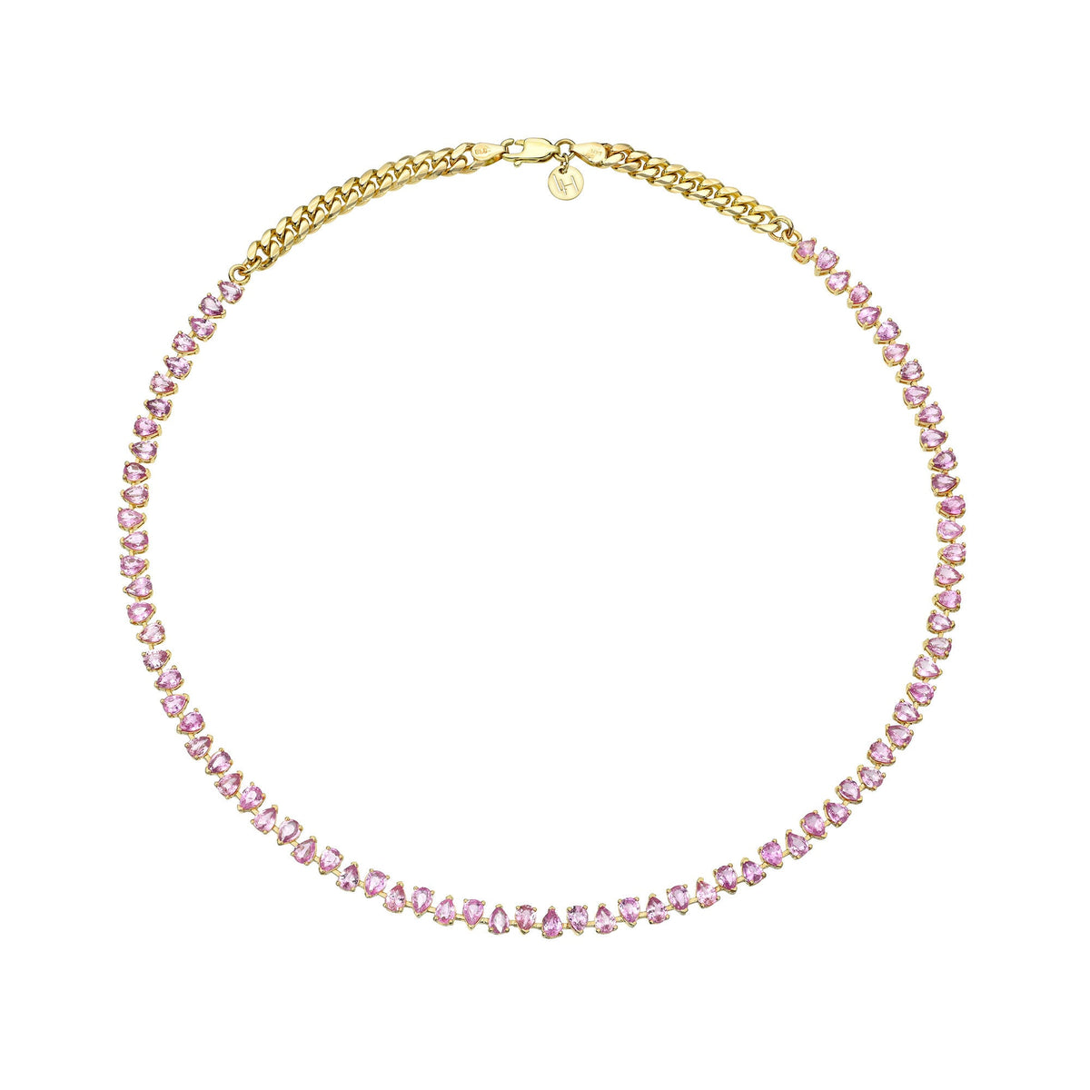 Reverse Water Drop Pink Sapphire Tennis Necklace Yellow Gold by Logan Hollowell Jewelry