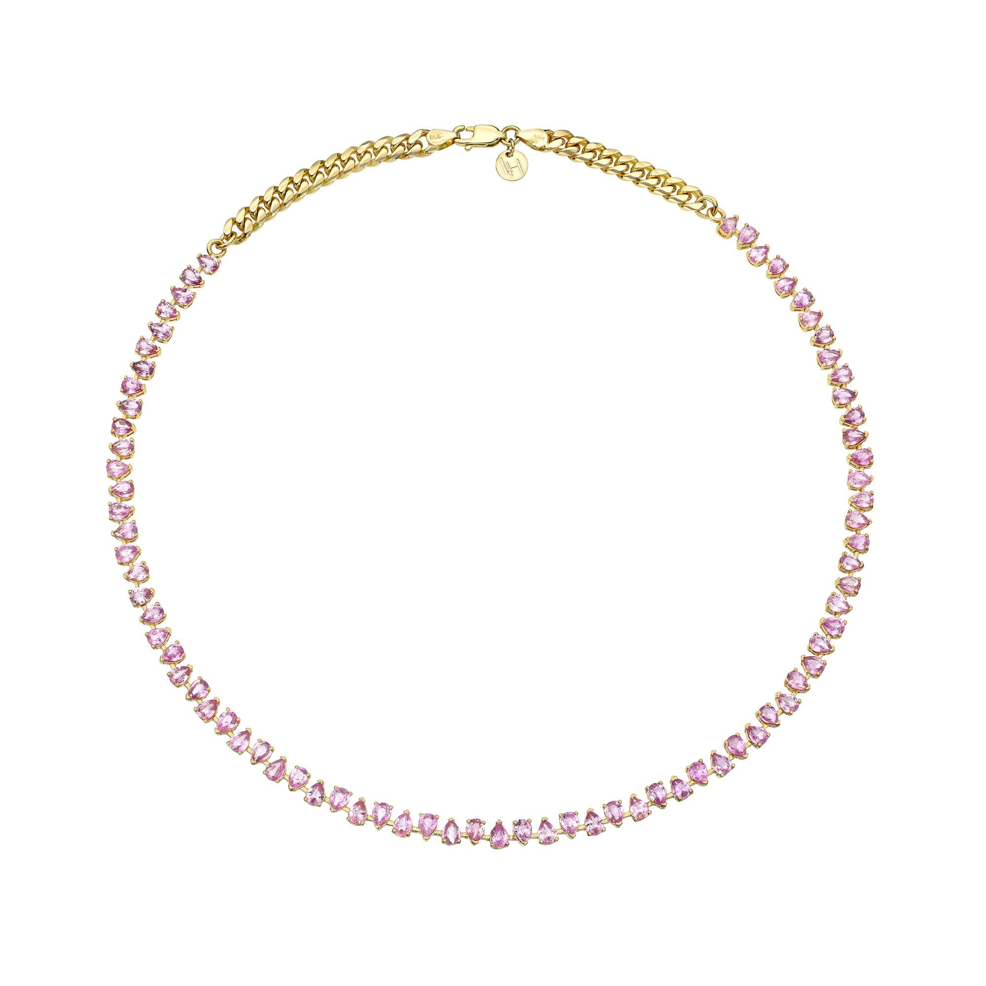 Reverse Water Drop Pink Sapphire Tennis Necklace Yellow Gold by Logan Hollowell Jewelry