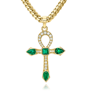 Eternal Ankh Pavé Diamond and Emerald Necklace | Ready to Ship Yellow Gold 20" Cuban by Logan Hollowell Jewelry