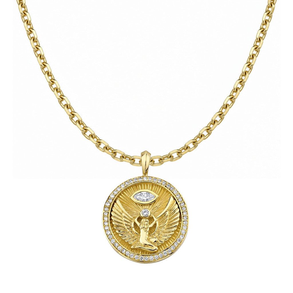 Isis Diamond Pavé Halo Coin Pendant 16" Danny Chain Yellow Gold by Logan Hollowell Jewelry