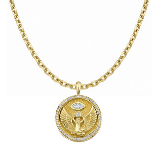 Isis Diamond Pavé Halo Coin Pendant 16" Danny Chain Yellow Gold by Logan Hollowell Jewelry