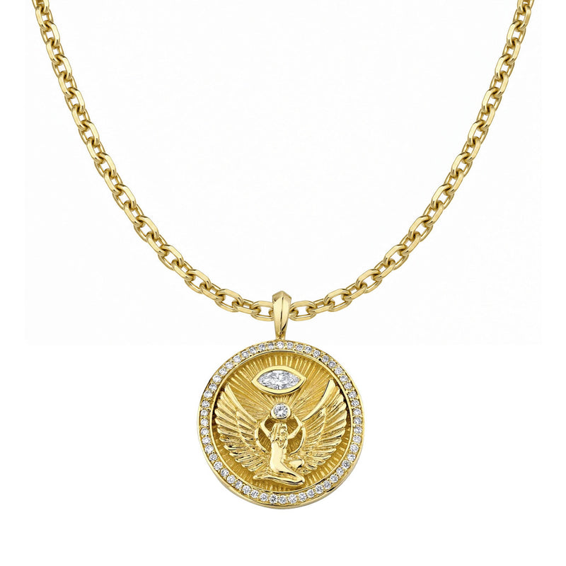 Isis Diamond Pavé Halo Coin Pendant 16" Danny Chain Yellow Gold by Logan Hollowell Jewelry