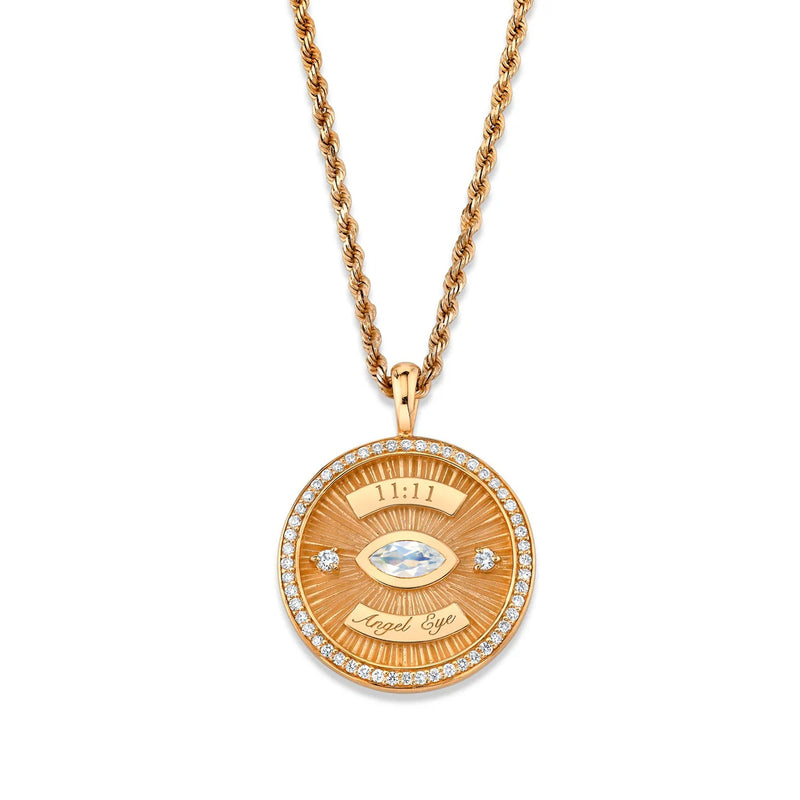 11:11 Angel Eye Moonstone Coin Pendant Rose Gold 16" by Logan Hollowell Jewelry