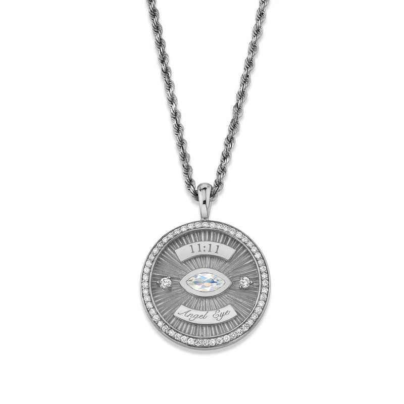 11:11 Angel Eye Moonstone Coin Pendant White Gold 16" by Logan Hollowell Jewelry