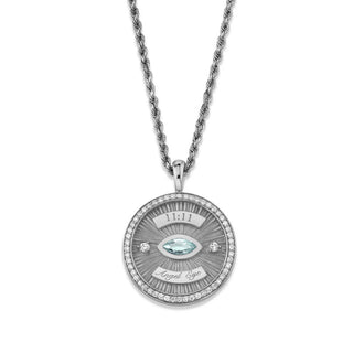 11:11 Angel Eye Aquamarine Coin Pendant White Gold 16" by Logan Hollowell Jewelry