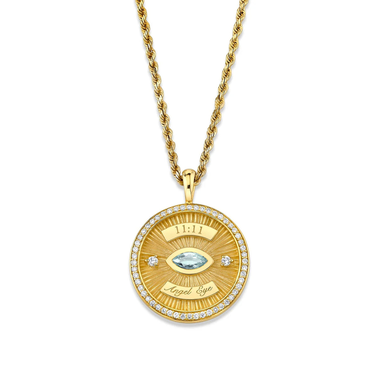 11:11 Angel Eye Aquamarine Coin Pendant Yellow Gold 16" by Logan Hollowell Jewelry