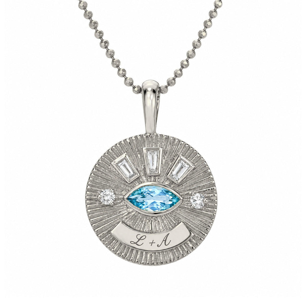 Medium Aquamarine Angel Eye Coin Necklace White Gold by Logan Hollowell Jewelry