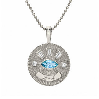 Medium Aquamarine Angel Eye Coin Necklace White Gold by Logan Hollowell Jewelry