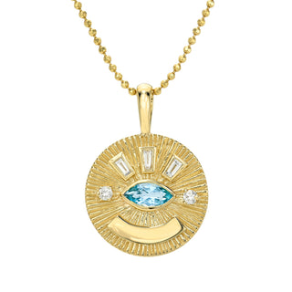 Medium Aquamarine Angel Eye Coin Necklace Yellow Gold by Logan Hollowell Jewelry
