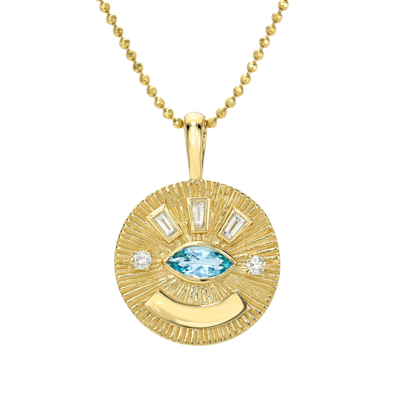 Medium Aquamarine Angel Eye Coin Necklace Yellow Gold by Logan Hollowell Jewelry