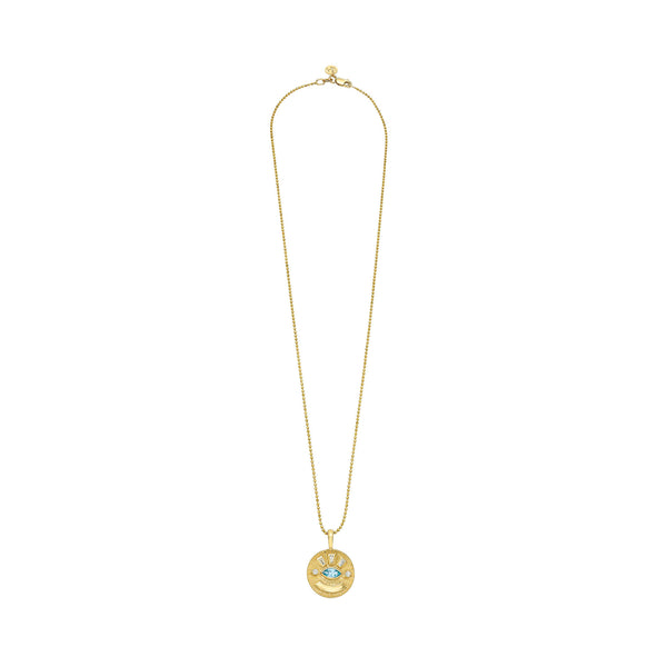 Medium Aquamarine Angel Eye Coin Necklace by Logan Hollowell Jewelry