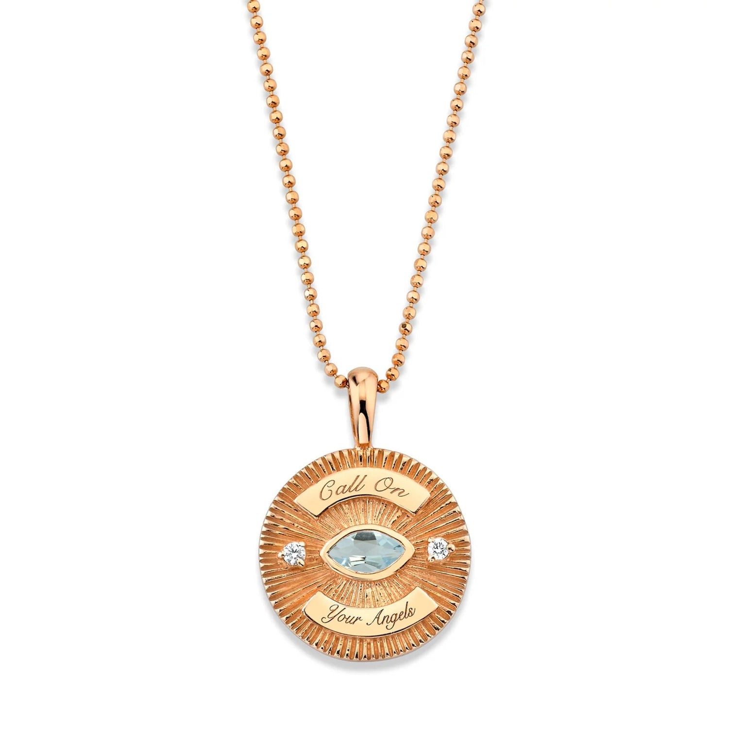 Call On Your Angels Aquamarine Angel Eye Coin Necklace (LAB) by Logan Hollowell Jewelry