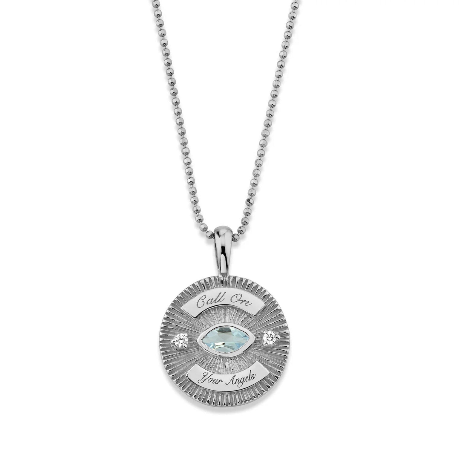 Call On Your Angels Aquamarine Angel Eye Coin Necklace (LAB) by Logan Hollowell Jewelry