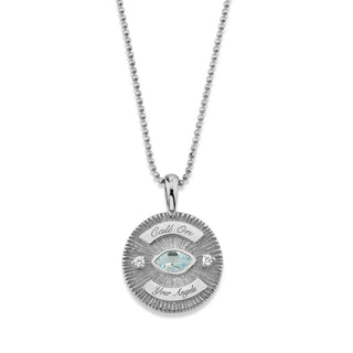 Call On Your Angels Aquamarine Angel Eye Coin Necklace White Gold 16" by Logan Hollowell Jewelry