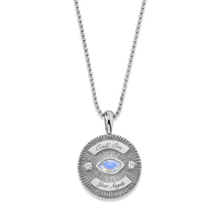 Call On Your Angels Moonstone Angel Eye Coin Necklace White Gold 16" by Logan Hollowell Jewelry