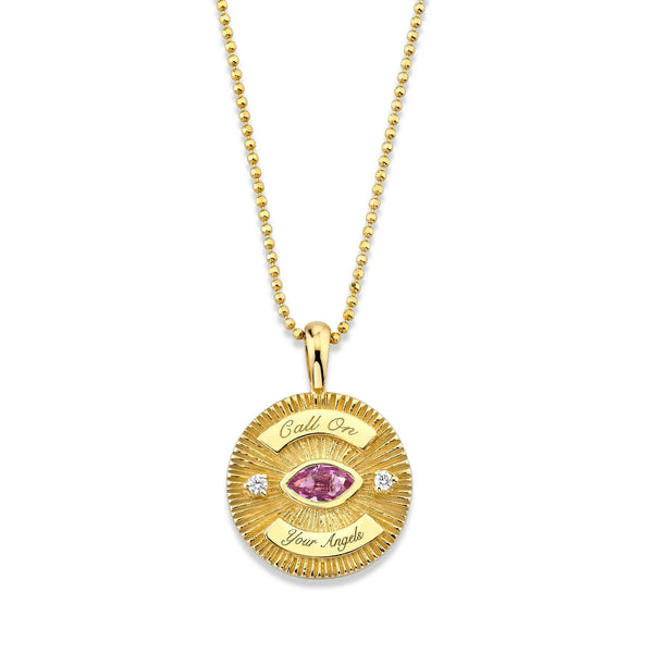 Call On Your Angels Pink Sapphire Angel Eye Coin Necklace Yellow Gold 16" by Logan Hollowell Jewelry