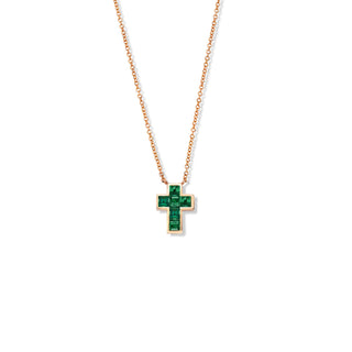 Princess Cut Emerald Cross Necklace Rose Gold by Logan Hollowell Jewelry