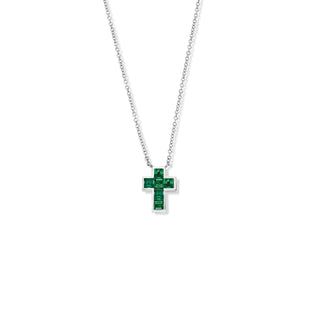 Princess Cut Emerald Cross Necklace White Gold by Logan Hollowell Jewelry