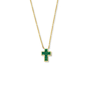 Princess Cut Emerald Cross Necklace Yellow Gold by Logan Hollowell Jewelry