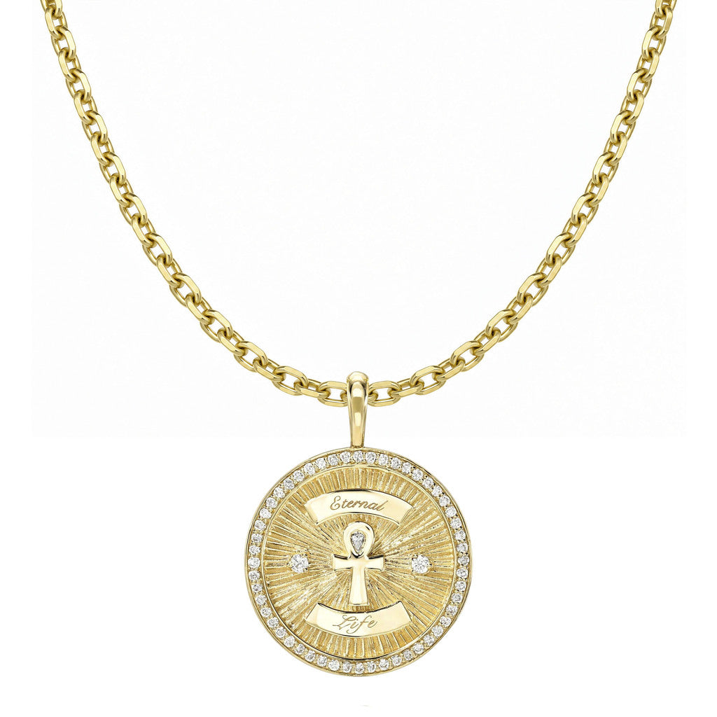 Diamond Ankh Coin with Pavé Border Yellow Gold 16" by Logan Hollowell Jewelry