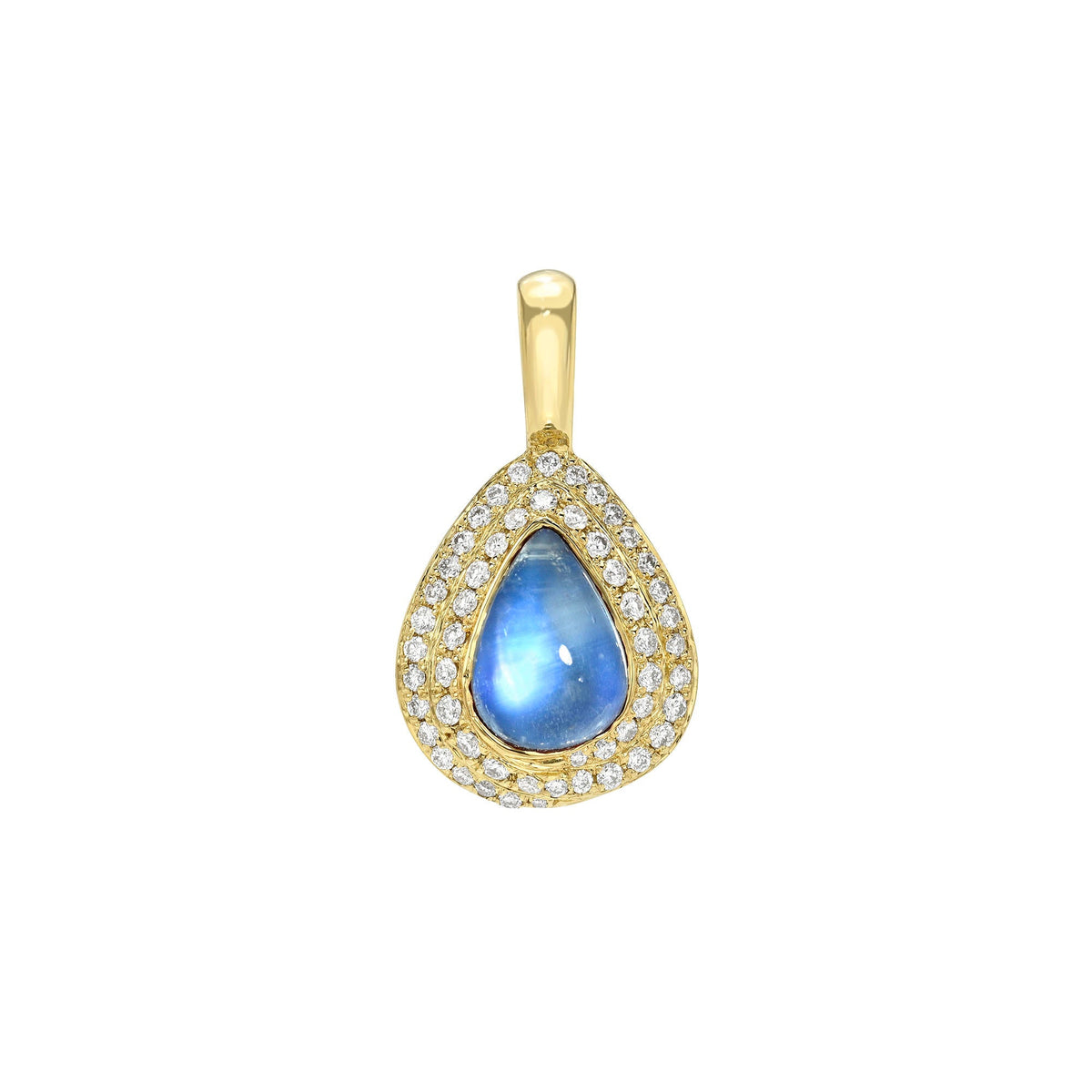 Enigma Blue Sheen Moonstone with Diamond Halo Pendant Yellow Gold by Logan Hollowell Jewelry