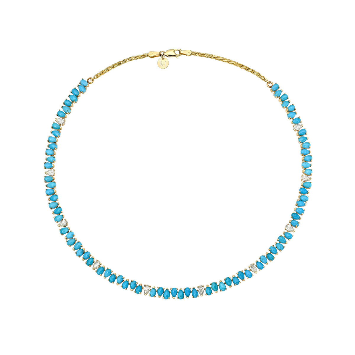 Turquoise & Sprinkled Diamond Reverse Water Drop Line Necklace Yellow Gold 16" by Logan Hollowell Jewelry