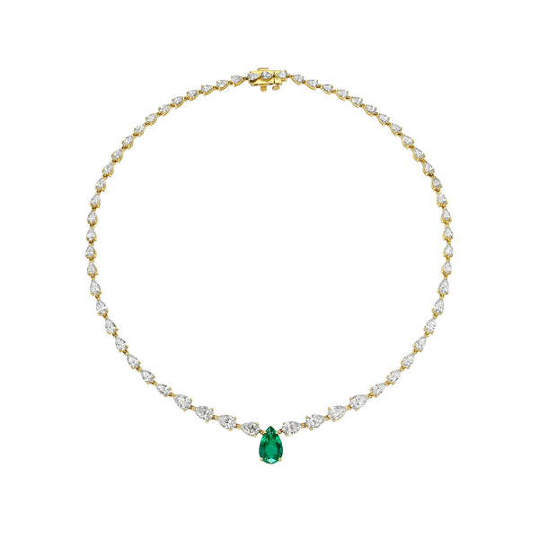 Petite Emerald and Diamond Necklace Yellow Gold 13.5" by Logan Hollowell Jewelry