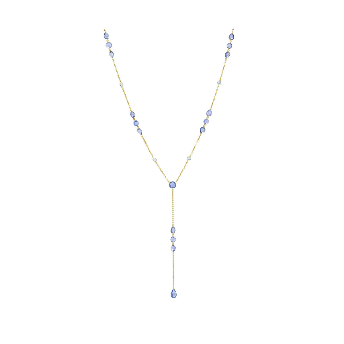 Eau de Rose Cut Iris Blue Sapphire and Diamond Lariat Yellow Gold 18" by Logan Hollowell Jewelry