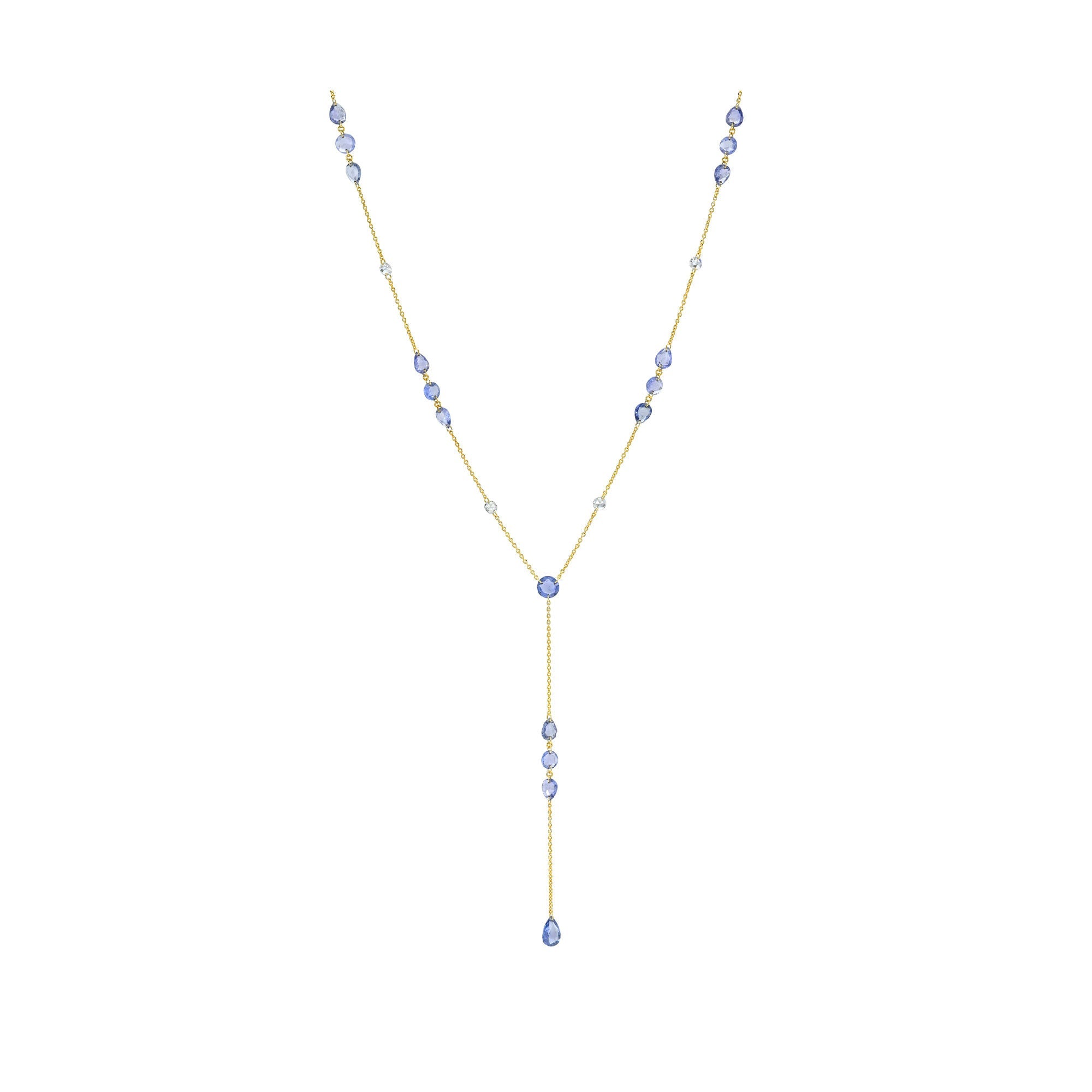 Eau de Rose Cut Iris Blue Sapphire and Diamond Lariat Yellow Gold 18" by Logan Hollowell Jewelry