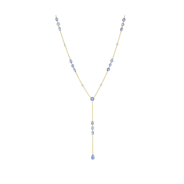 Eau de Rose Cut Iris Blue Sapphire and Diamond Lariat Yellow Gold 18" by Logan Hollowell Jewelry