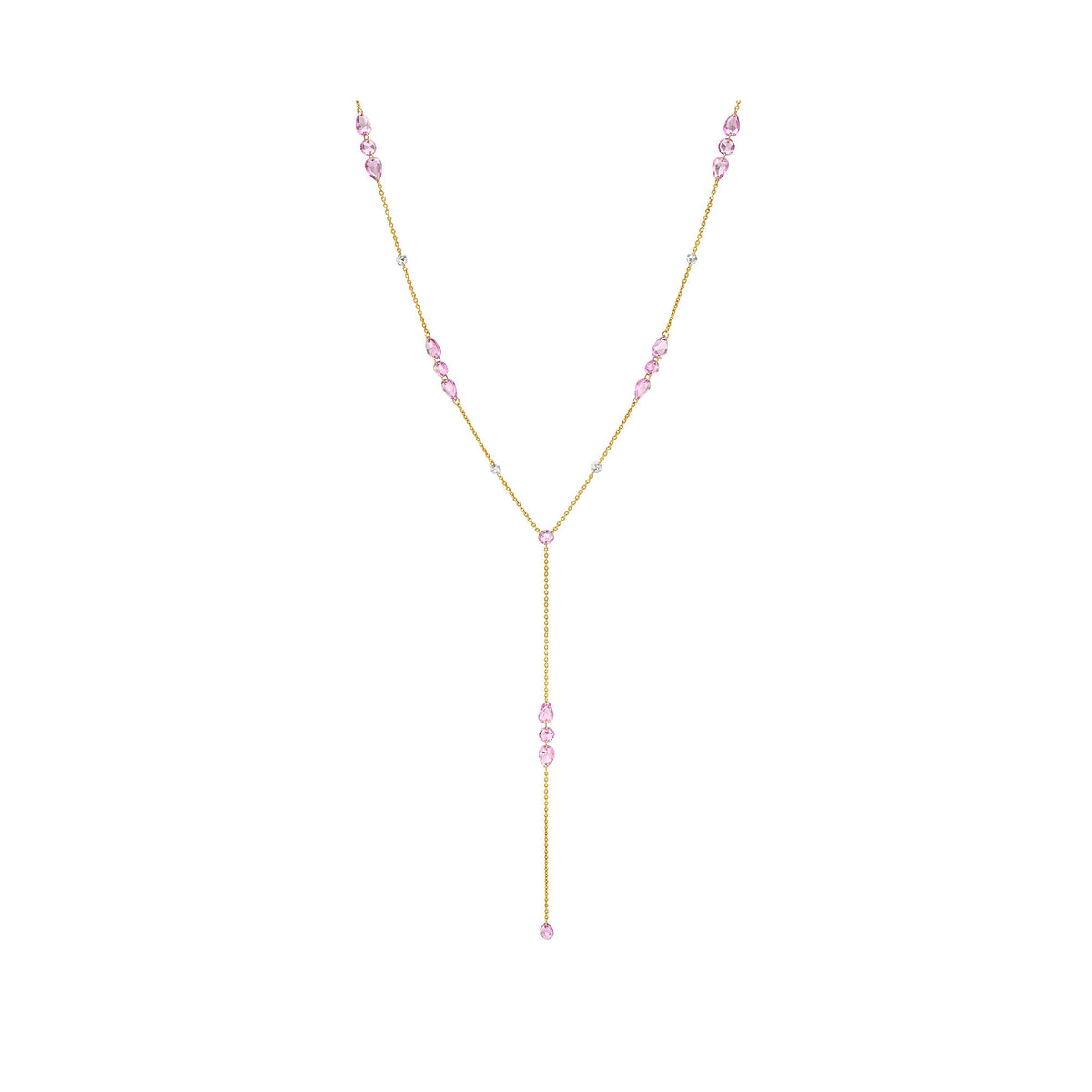 Eau de Rose Cut Iris Pink Sapphire and Diamond Lariat Yellow Gold 18" by Logan Hollowell Jewelry