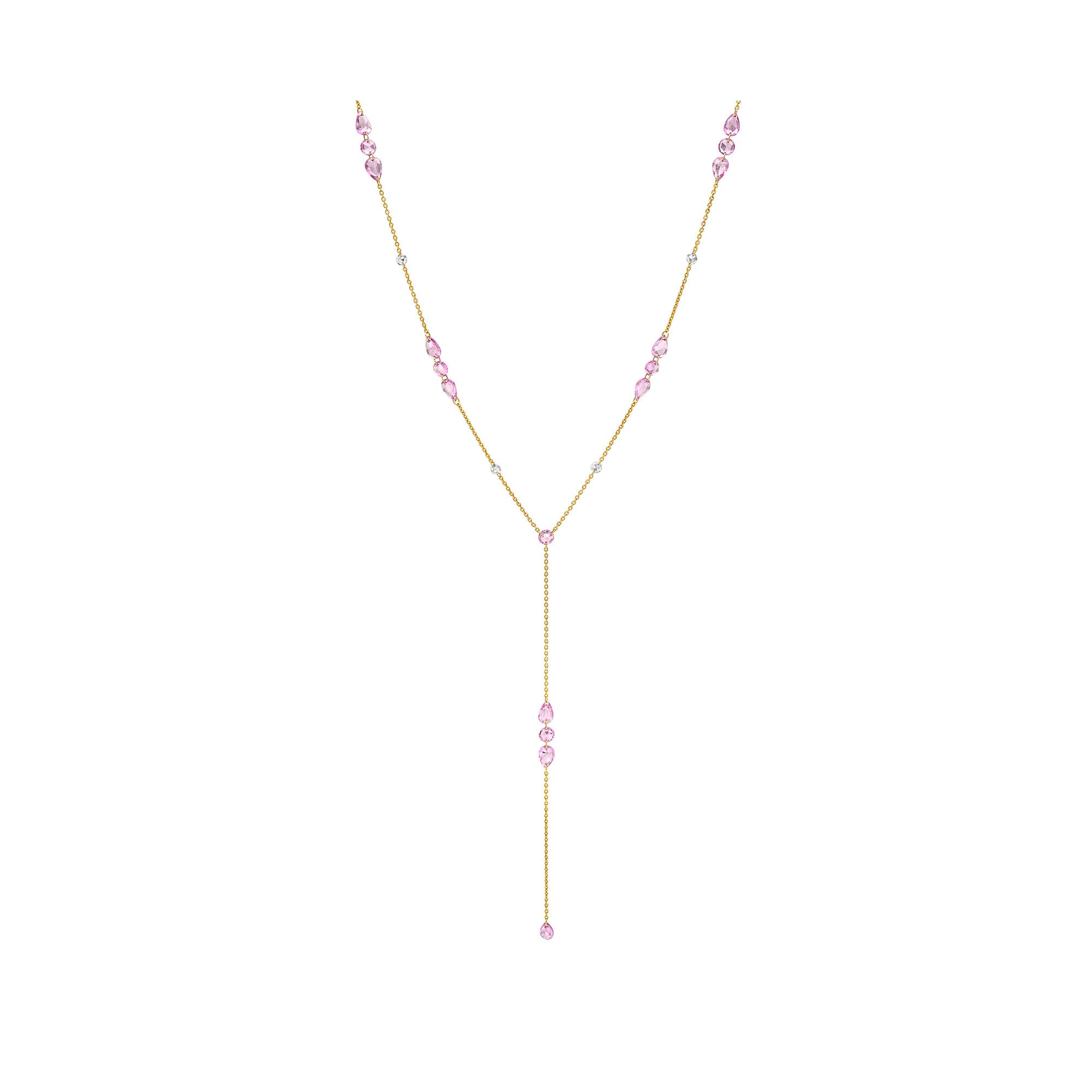 Eau de Rose Cut Iris Pink Sapphire and Diamond Lariat Yellow Gold 18" by Logan Hollowell Jewelry