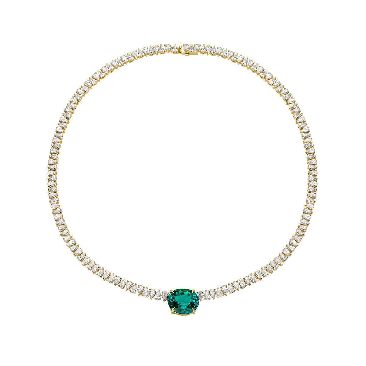 Lagoon Tourmaline Reverse Water Drop Tennis Necklace Yellow Gold 14" by Logan Hollowell Jewelry