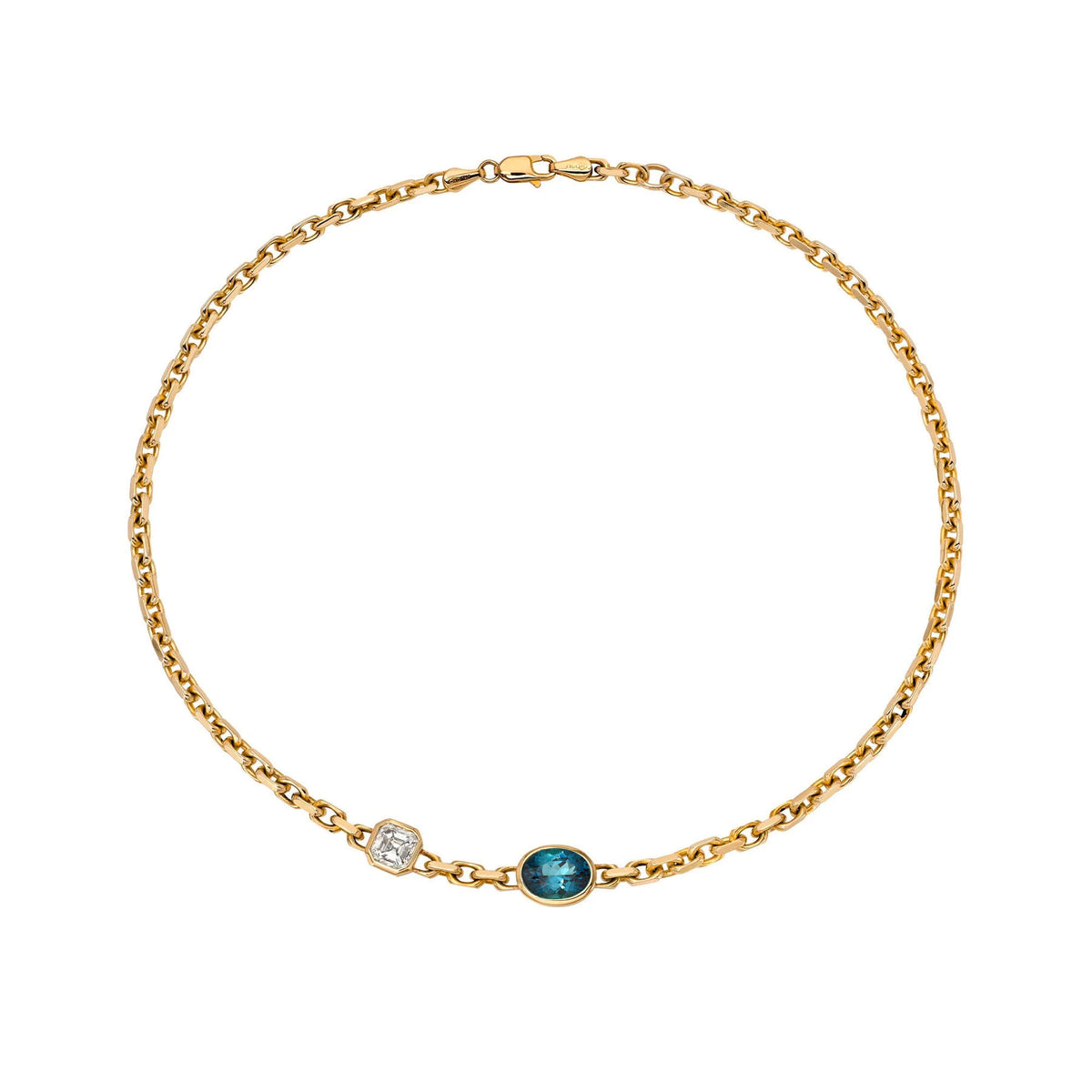 Lovers Duet Diamond and Lagoon Tourmaline Chain Necklace Yellow Gold by Logan Hollowell Jewelry