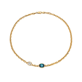 Lovers Duet Diamond and Lagoon Tourmaline Chain Necklace Yellow Gold by Logan Hollowell Jewelry