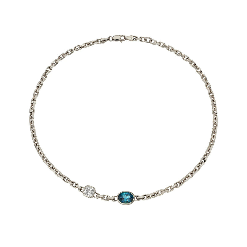 Lovers Duet Diamond and Lagoon Tourmaline Chain Necklace White Gold by Logan Hollowell Jewelry