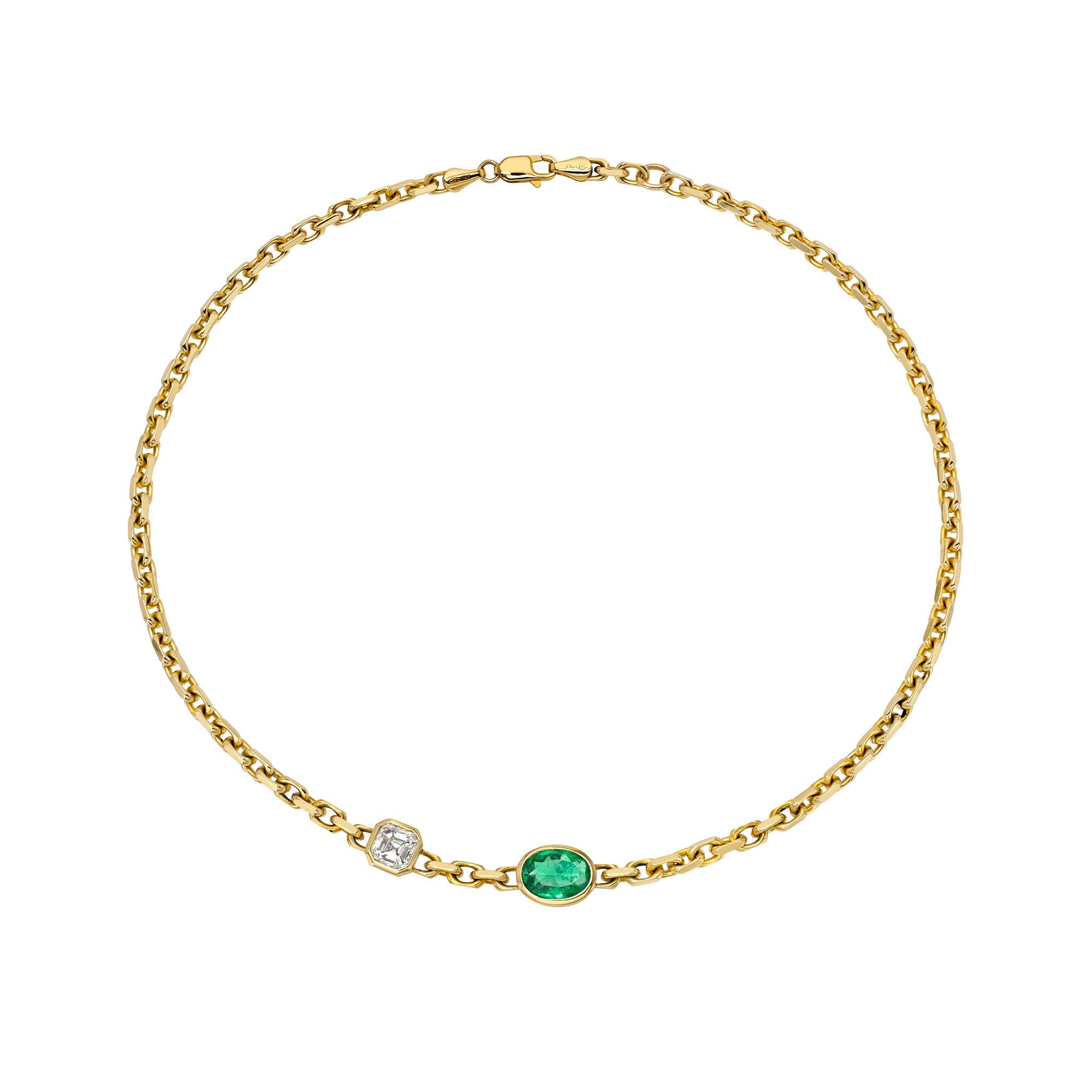 Lovers Duet Diamond and Emerald Chain Necklace Yellow Gold 14" by Logan Hollowell Jewelry