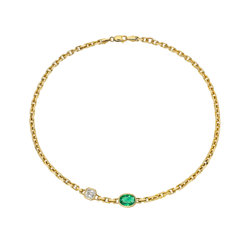 Lovers Duet Diamond and Emerald Chain Necklace Yellow Gold 14" by Logan Hollowell Jewelry