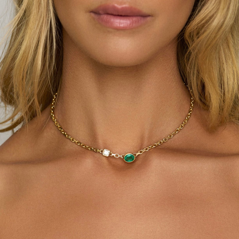 Lovers Duet Diamond and Emerald Chain Necklace by Logan Hollowell Jewelry