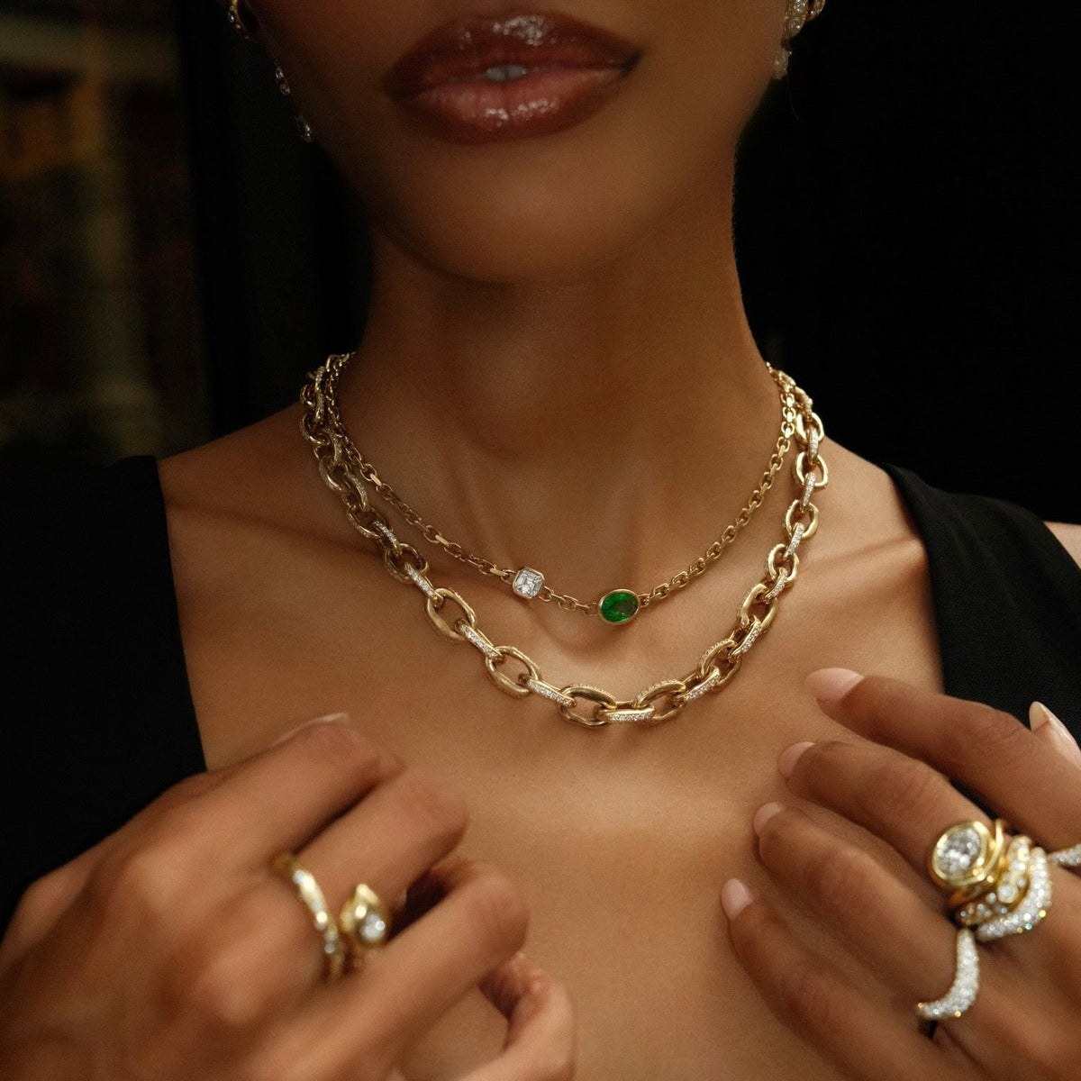 Lovers Duet Diamond and Emerald Chain Necklace by Logan Hollowell Jewelry