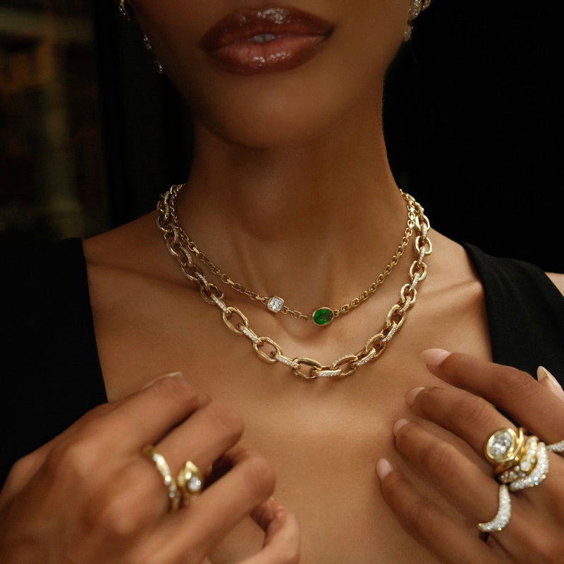 Lovers Duet Diamond and Emerald Chain Necklace by Logan Hollowell Jewelry