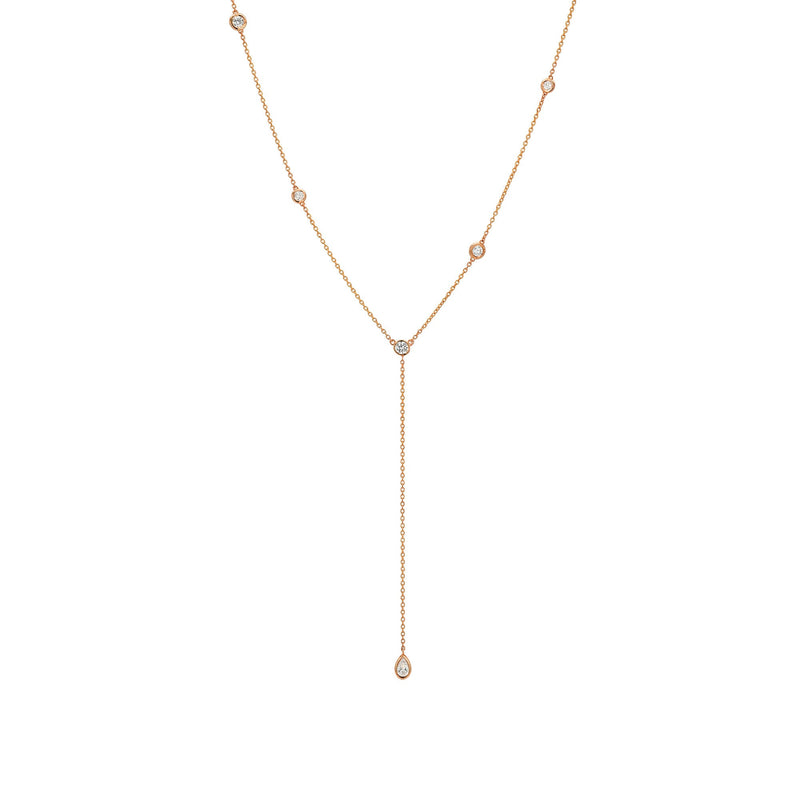 Diamond Station Lariat with Diamond Water Drop Rose Gold by Logan Hollowell Jewelry