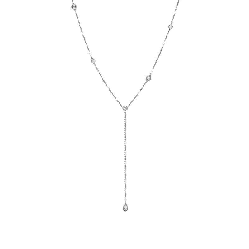 Diamond Station Lariat with Diamond Water Drop White Gold by Logan Hollowell Jewelry