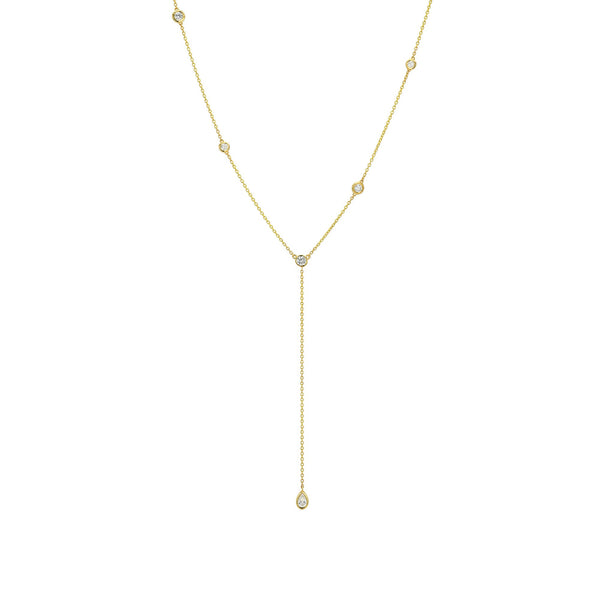 Diamond Station Lariat with Diamond Water Drop Yellow Gold by Logan Hollowell Jewelry